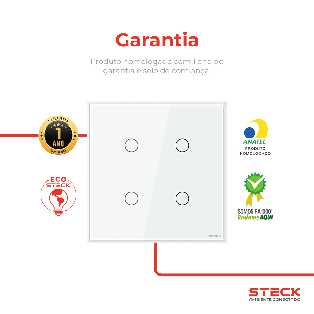 Interruptor Steck Ambiente Conectado 4X4" 4 Módulos Touch Branco WI-FI