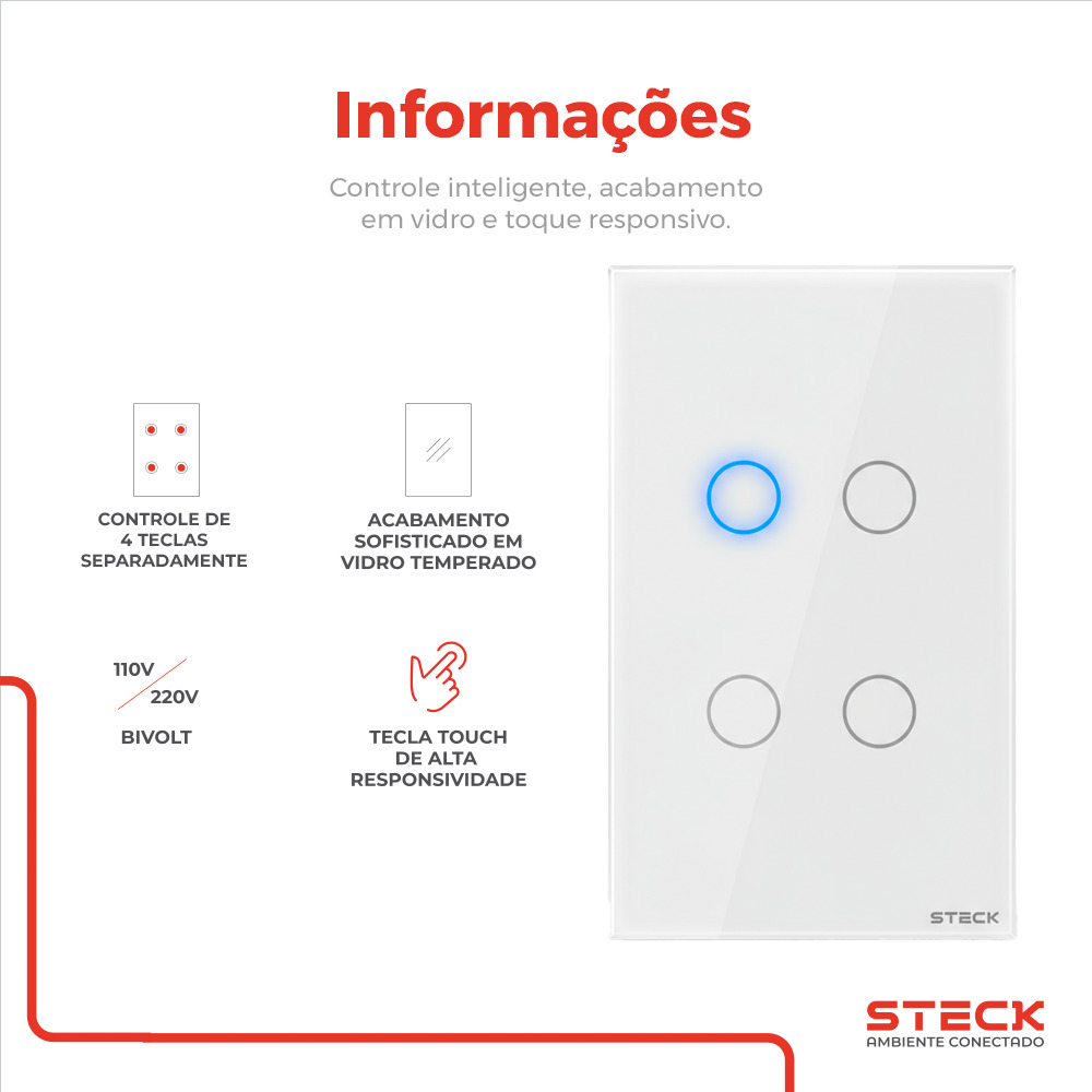 Interruptor Steck Ambiente Conectado 4X2" 4 Módulos Touch Branco WI-FI