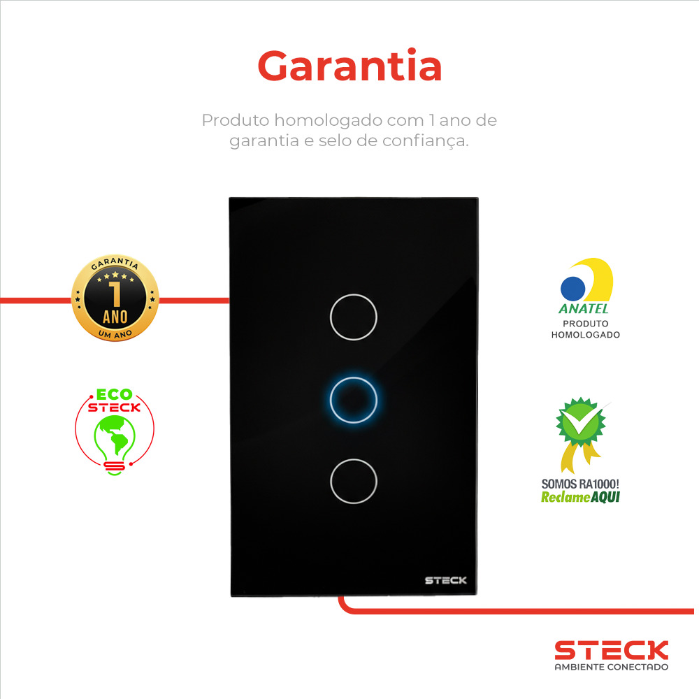 Interruptor Steck Ambiente Conectado 4X2" 3 Módulos Touch Preto WI-FI
