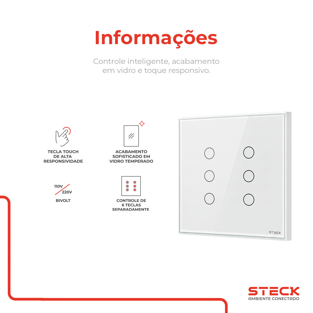 Interruptor Steck Ambiente Conectado 4X4" 6 Módulos Touch Branco WI-FI