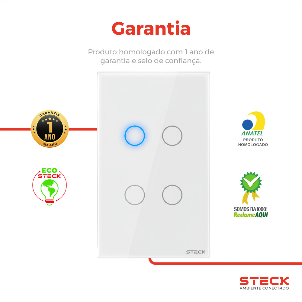 Interruptor Steck Ambiente Conectado 4X2" 4 Módulos Touch Branco WI-FI