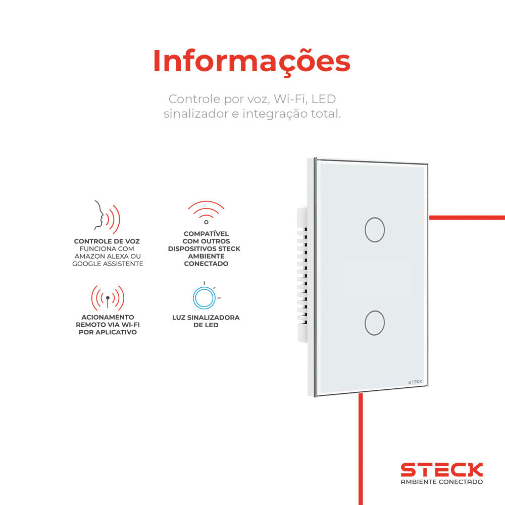 Interruptor Steck Ambiente Conectado 4X2" 2 Módulos Touch Branco WI-FI