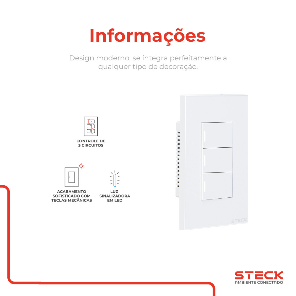 Interruptor Mecânico Steck Ambiente Conectado 4X2" 3 Módulos Zigbee Branco