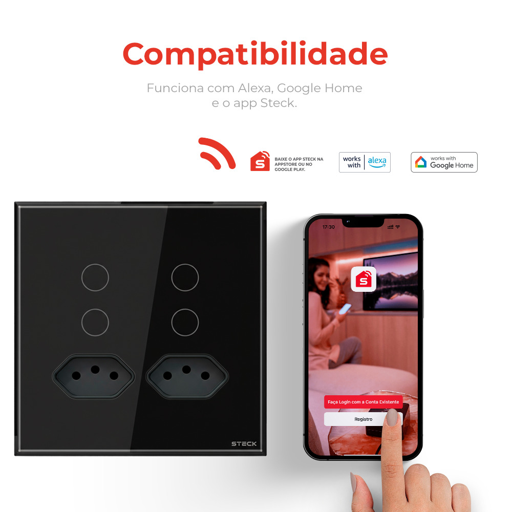 Interruptor Steck Ambiente Conectado 4X4" 4 Módulos + 2 Plugs Touch Preto WI-FI