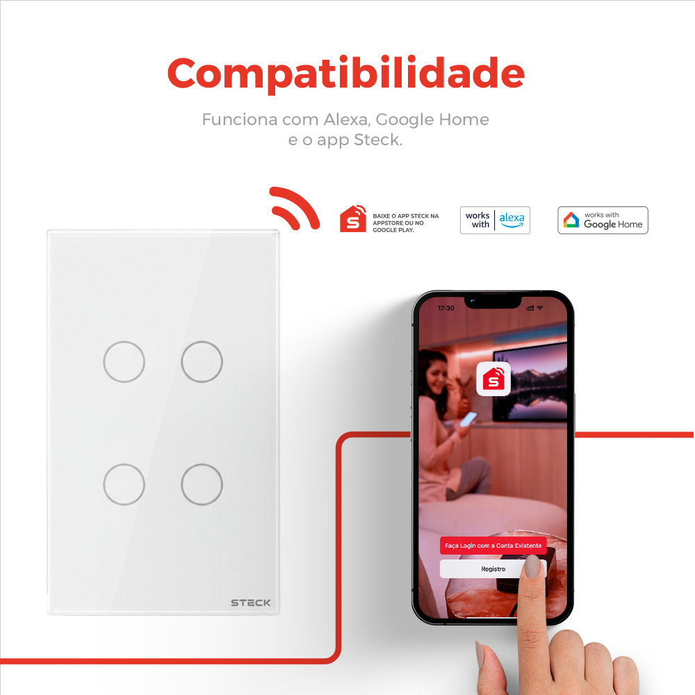 Interruptor Steck Ambiente Conectado 4X2" 4 Módulos Touch Branco WI-FI