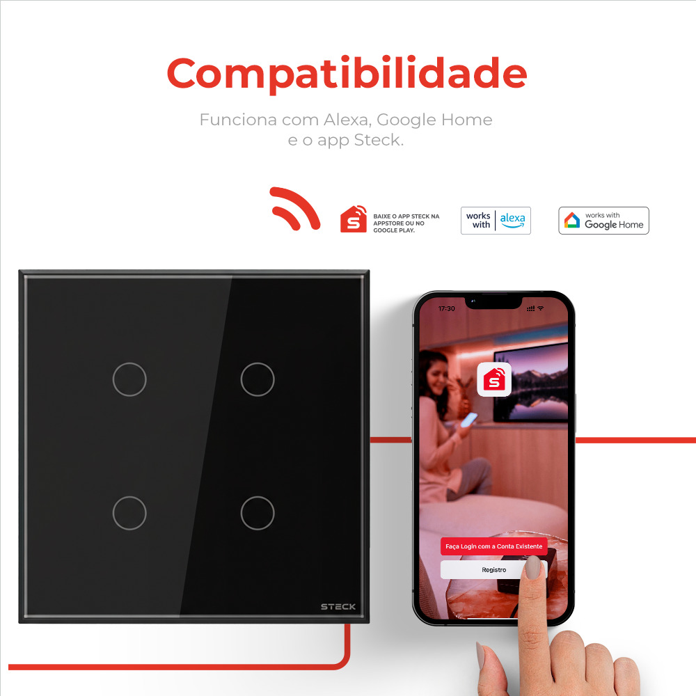 Interruptor Steck Ambiente Conectado 4X4" 4 Módulos Touch Preto WI-FI