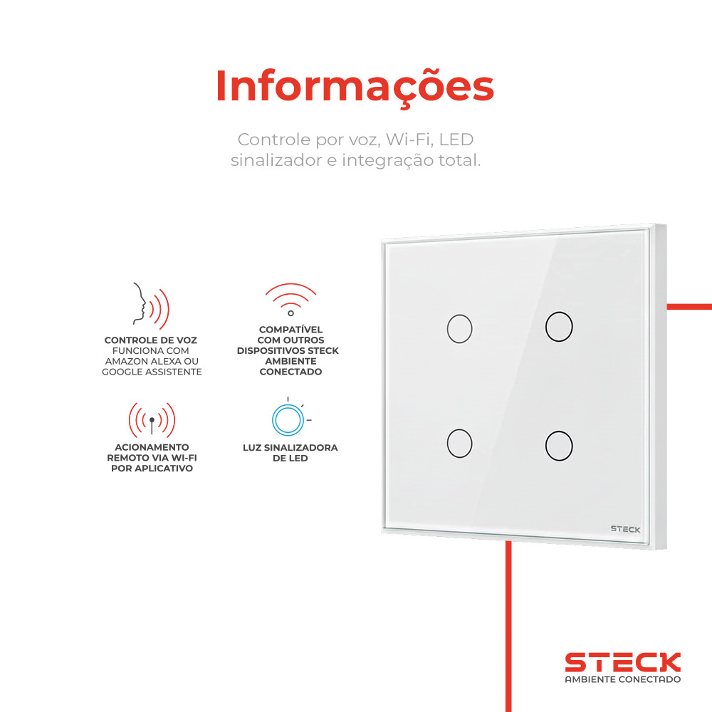 Interruptor Steck Ambiente Conectado 4X4" 4 Módulos Touch Branco WI-FI