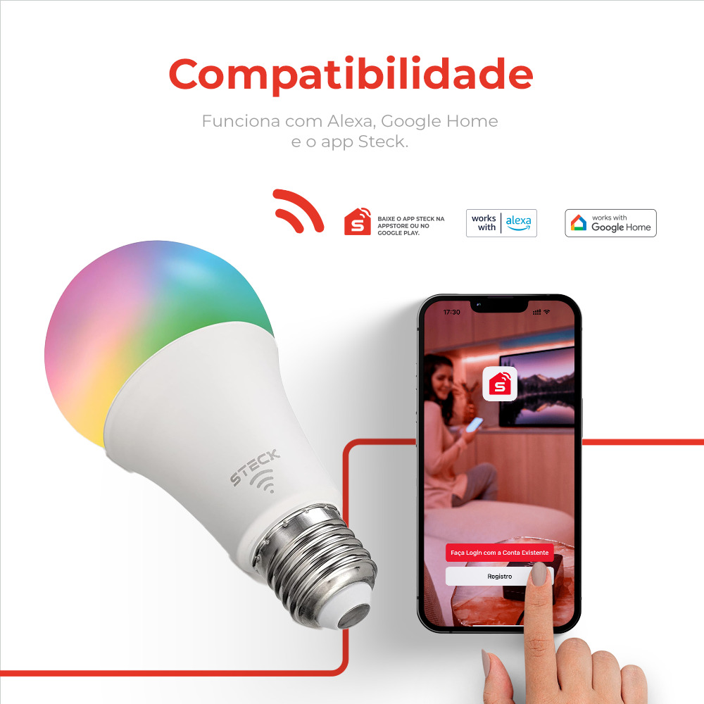 Lâmpada RGB+ 12W WI-FI Ble Steck Ambiente Conectado