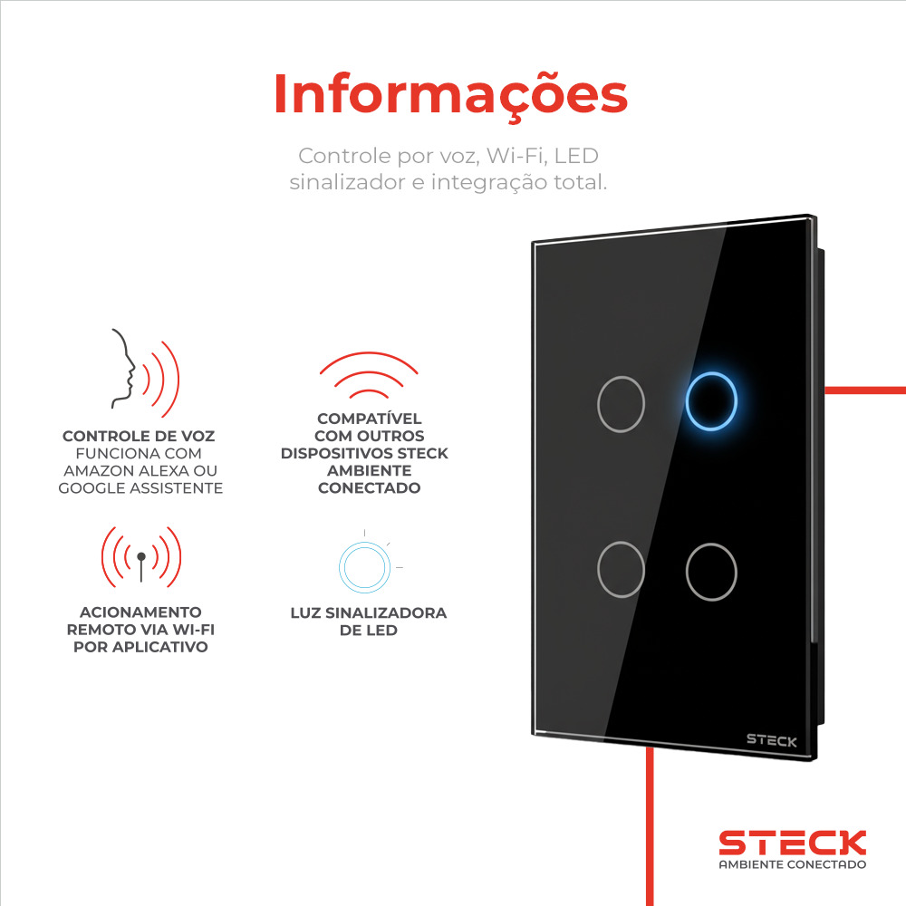 Interruptor Steck Ambiente Conectado 4X2" 4 Módulos Touch Preto WI-FI