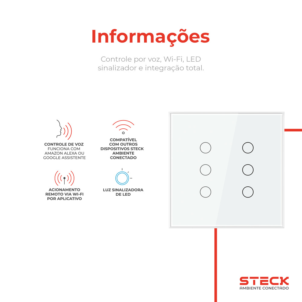 Interruptor Steck Ambiente Conectado 4X4" 6 Módulos Touch Branco WI-FI
