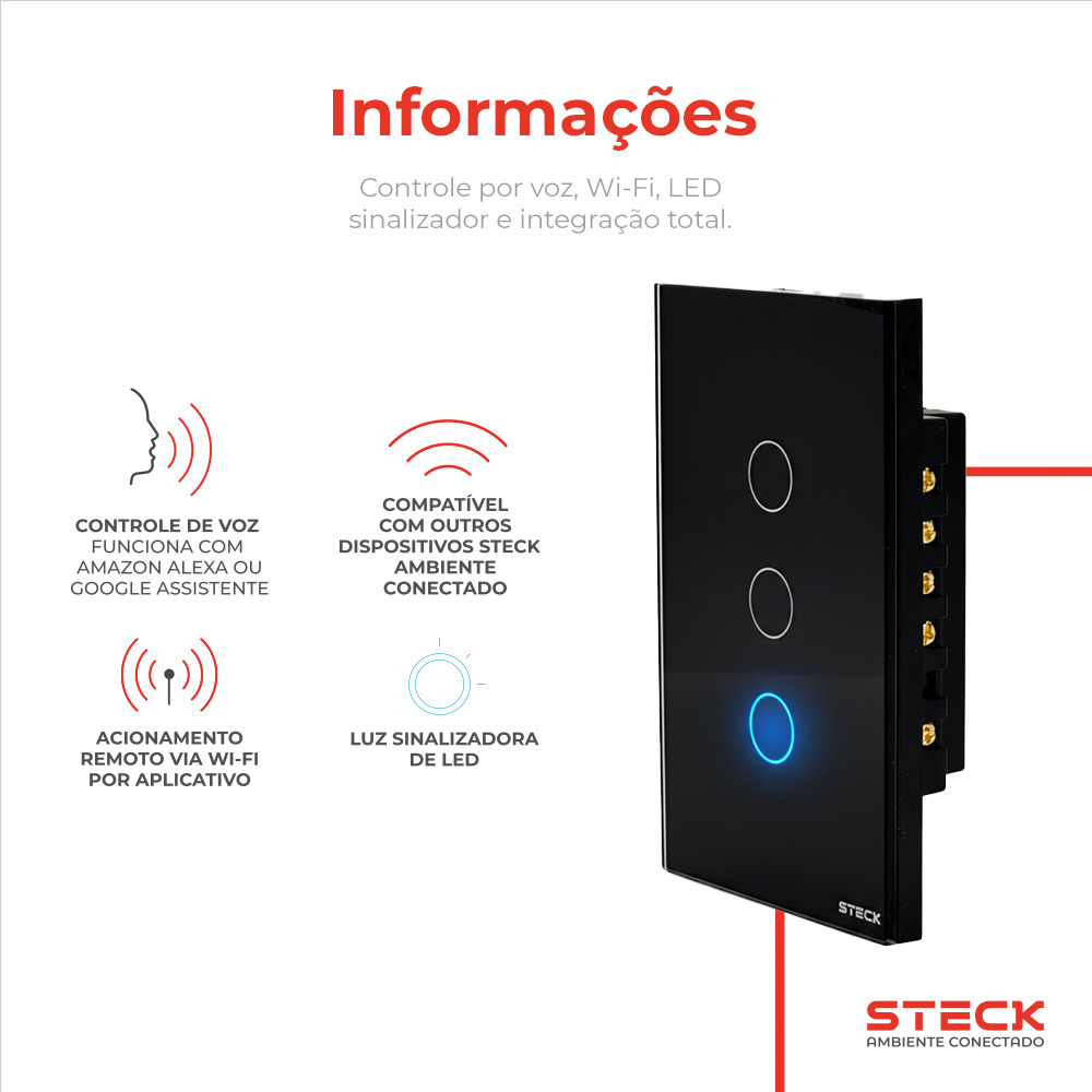 Interruptor Steck Ambiente Conectado 4X2" 3 Módulos Touch Preto WI-FI