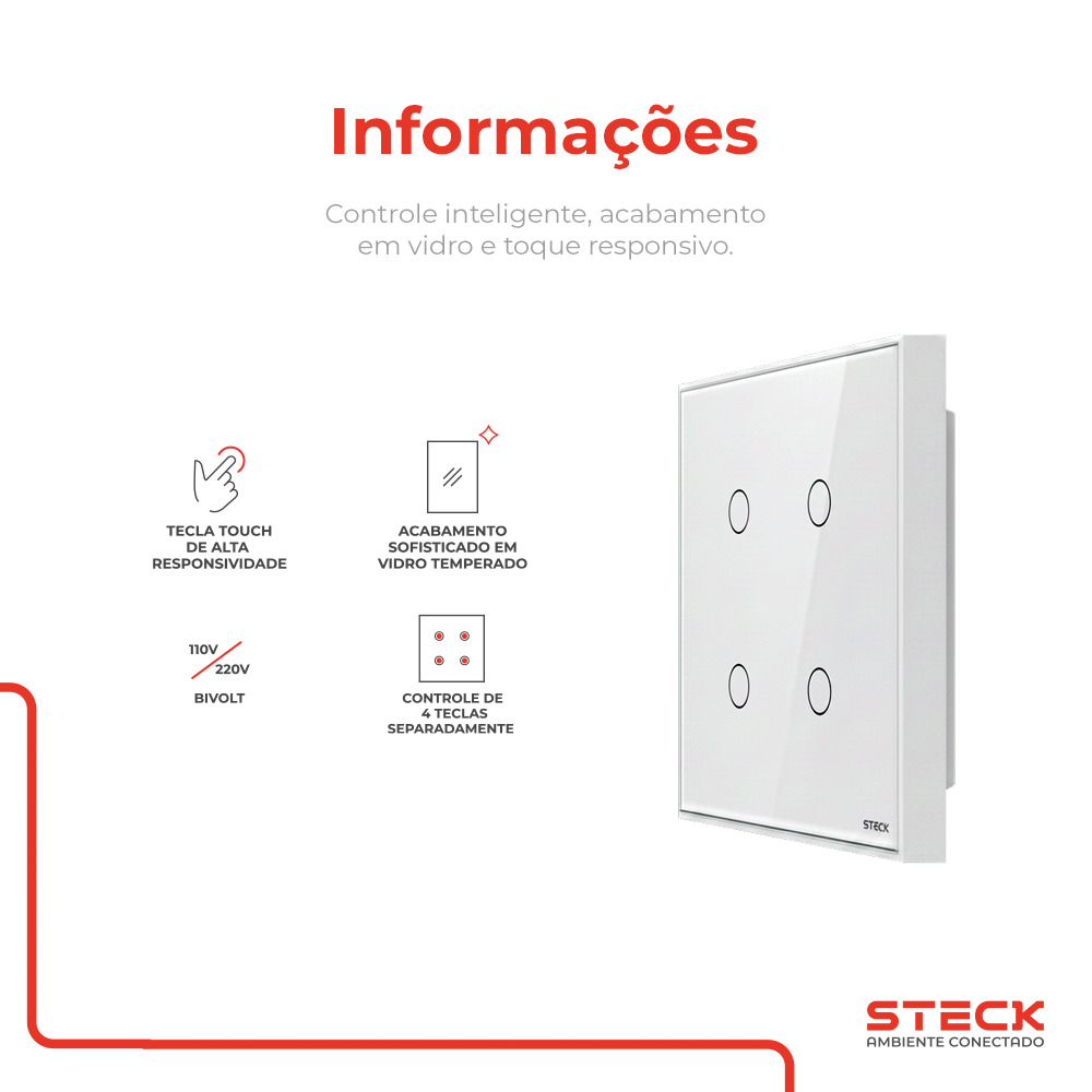 Interruptor Steck Ambiente Conectado 4X4" 4 Módulos Touch Branco WI-FI