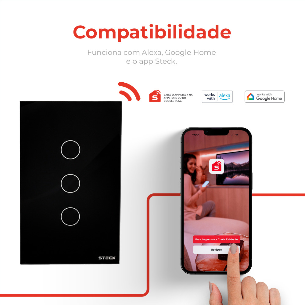 Interruptor Steck Ambiente Conectado 4X2" 3 Módulos Touch Preto WI-FI