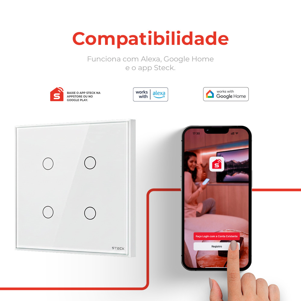 Interruptor Steck Ambiente Conectado 4X4" 4 Módulos Touch Branco WI-FI