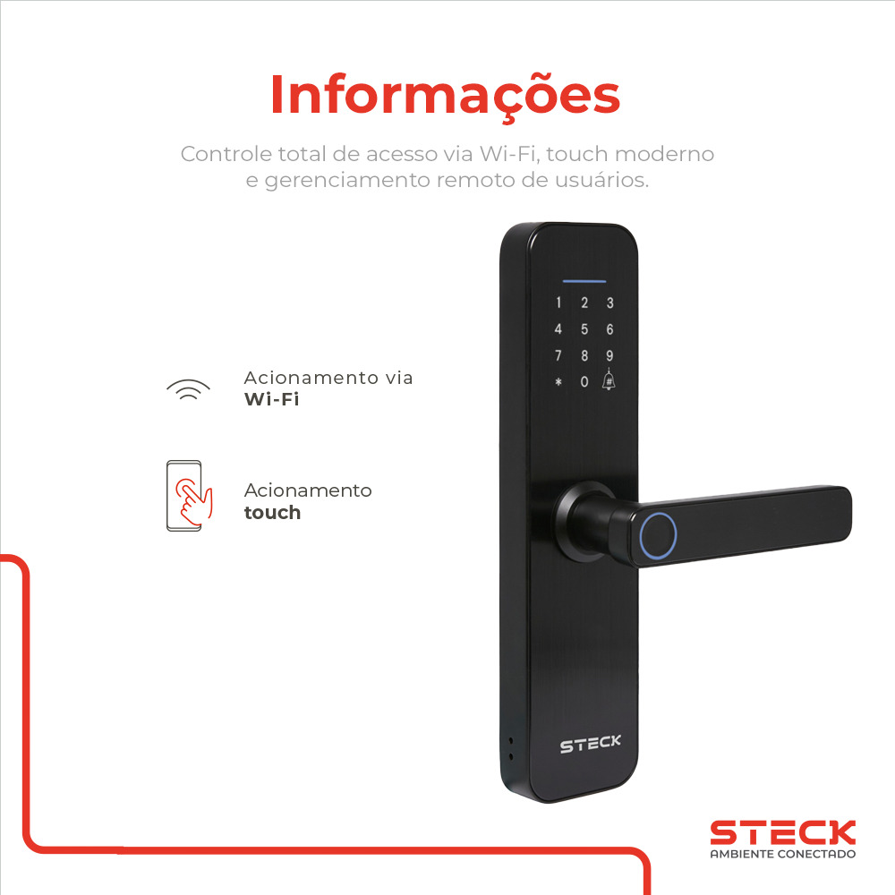 Fechadura Inteligente WI-FI com Maçaneta e Biometria Steck Ambiente Conectado
