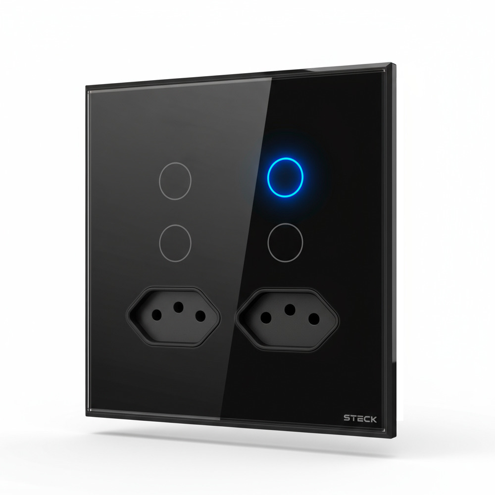 Interruptor Steck Ambiente Conectado 4X4" 4 Módulos + 2 Plugs Touch Preto WI-FI