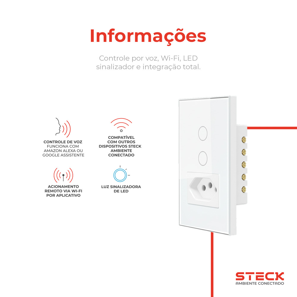 Interruptor Steck Ambiente Conectado 4X2" 2 Módulos + 1 Plug Touch Branco WI-FI