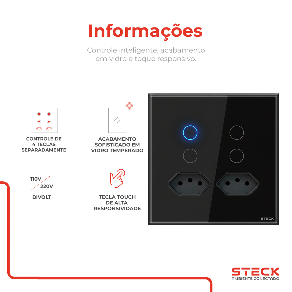 Interruptor Steck Ambiente Conectado 4X4" 4 Módulos + 2 Plugs Touch Preto WI-FI