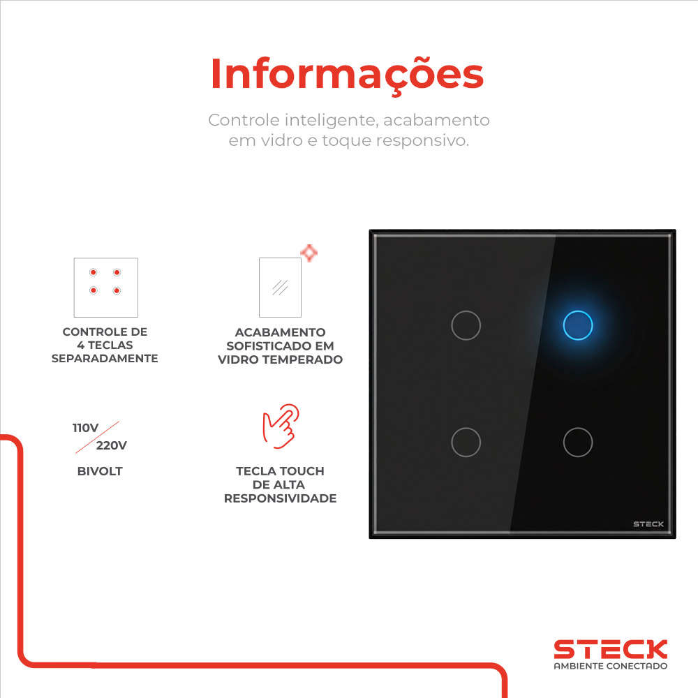 Interruptor Steck Ambiente Conectado 4X4" 4 Módulos Touch Preto WI-FI