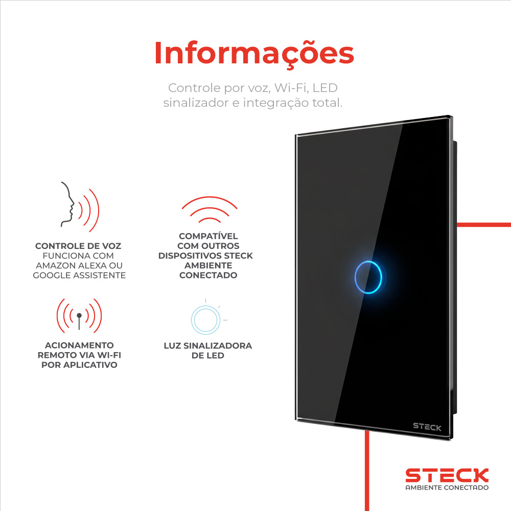 Interruptor Steck Ambiente Conectado 4X2" 1 Módulo Touch Preto WI-FI