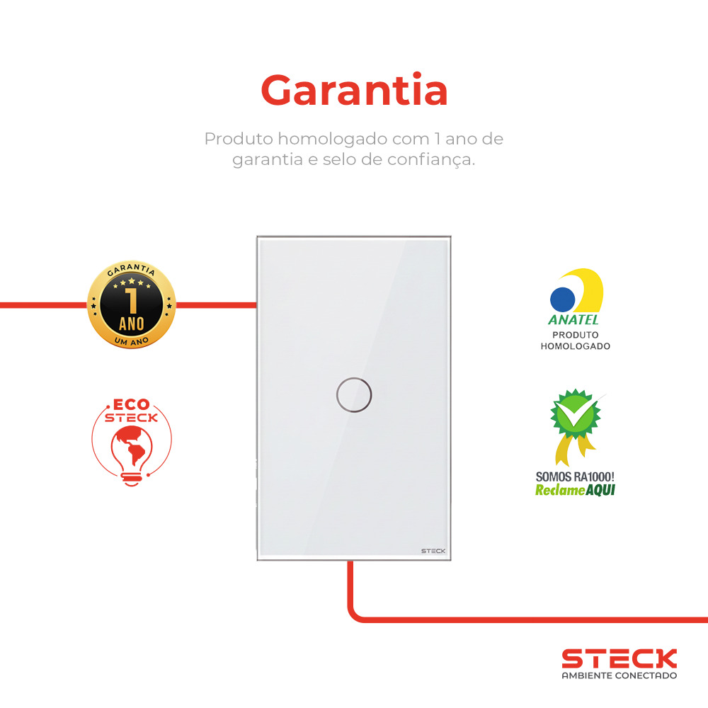 Interruptor Steck Ambiente Conectado 4X2" 1 Módulo Touch Branco WI-FI