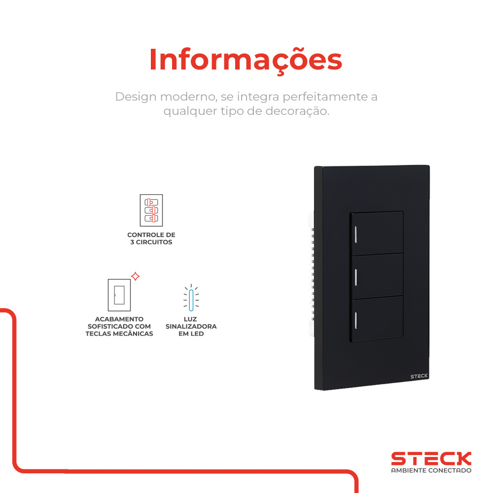 Interruptor Mecânico Steck Ambiente Conectado 4X2" 3 Módulos Zigbee Preto