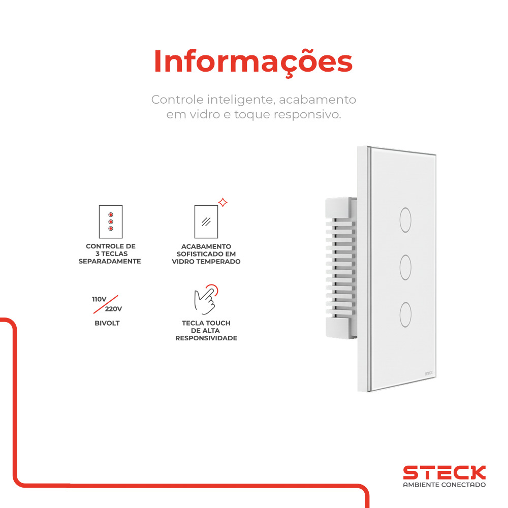 Interruptor Steck Ambiente Conectado 4X2" 3 Módulos Touch Branco WI-FI