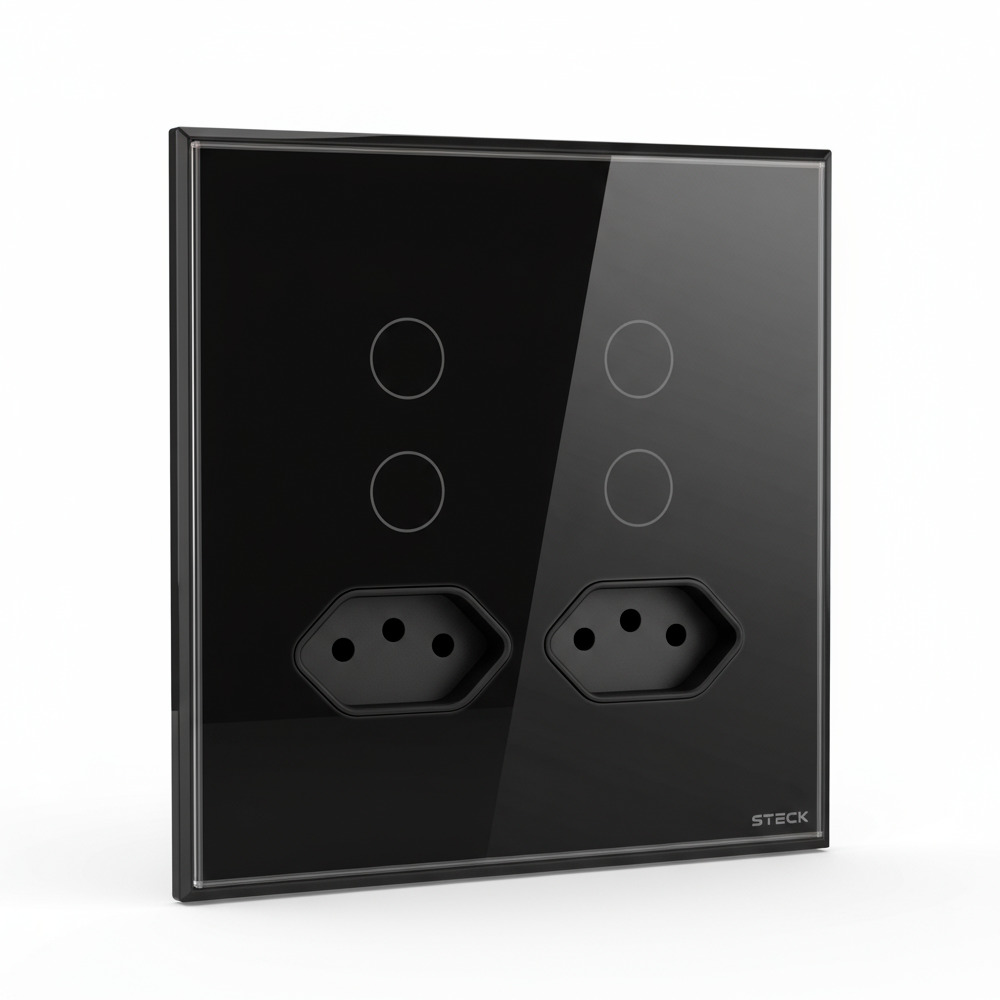 Interruptor Steck Ambiente Conectado 4X4" 4 Módulos + 2 Plugs Touch Preto WI-FI