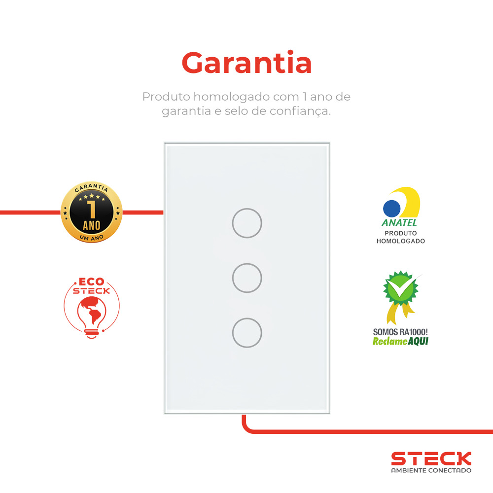 Interruptor Steck Ambiente Conectado 4X2" 3 Módulos Touch Branco WI-FI