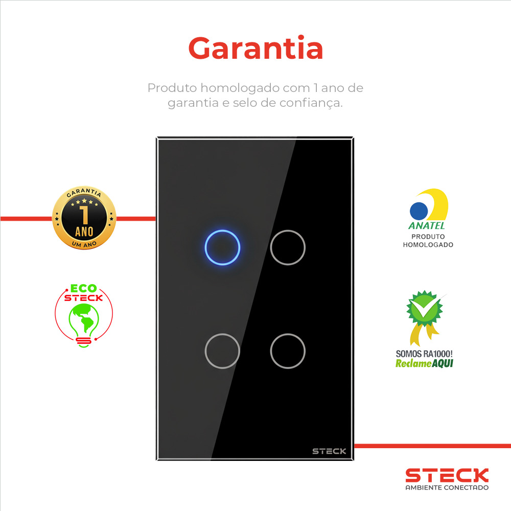 Interruptor Steck Ambiente Conectado 4X2" 4 Módulos Touch Preto WI-FI