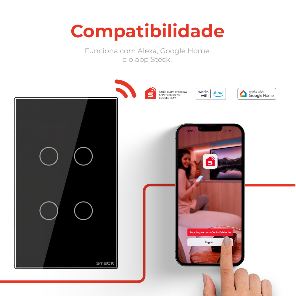 Interruptor Steck Ambiente Conectado 4X2" 4 Módulos Touch Preto WI-FI
