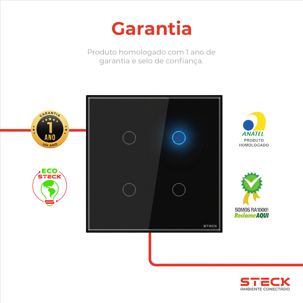 Interruptor Steck Ambiente Conectado 4X4" 4 Módulos Touch Preto WI-FI