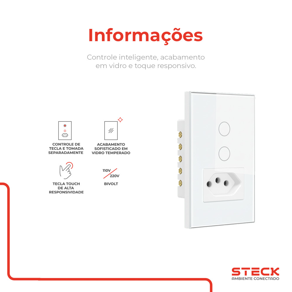 Interruptor Steck Ambiente Conectado 4X2" 2 Módulos + 1 Plug Touch Branco WI-FI