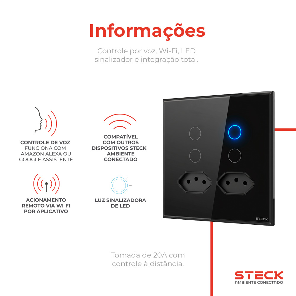 Interruptor Steck Ambiente Conectado 4X4" 4 Módulos + 2 Plugs Touch Preto WI-FI
