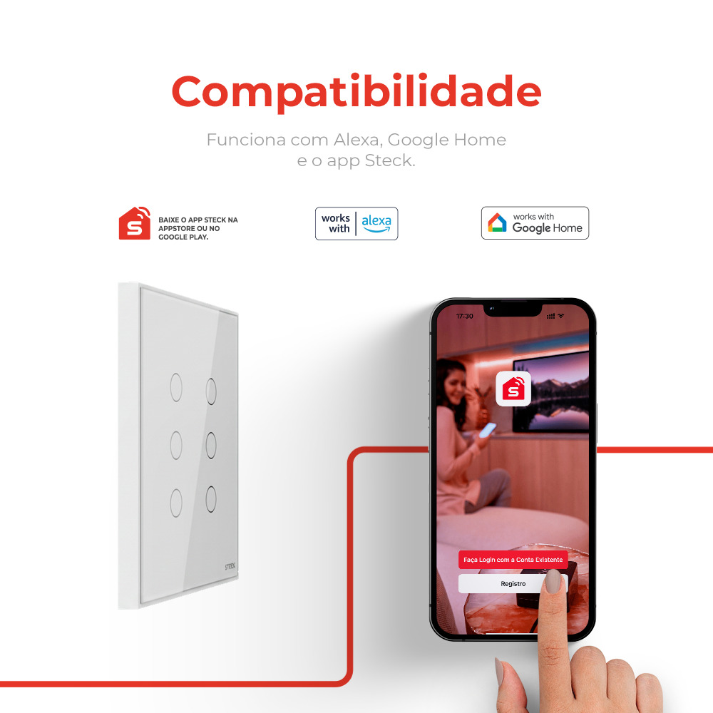 Interruptor Steck Ambiente Conectado 4X4" 6 Módulos Touch Branco WI-FI