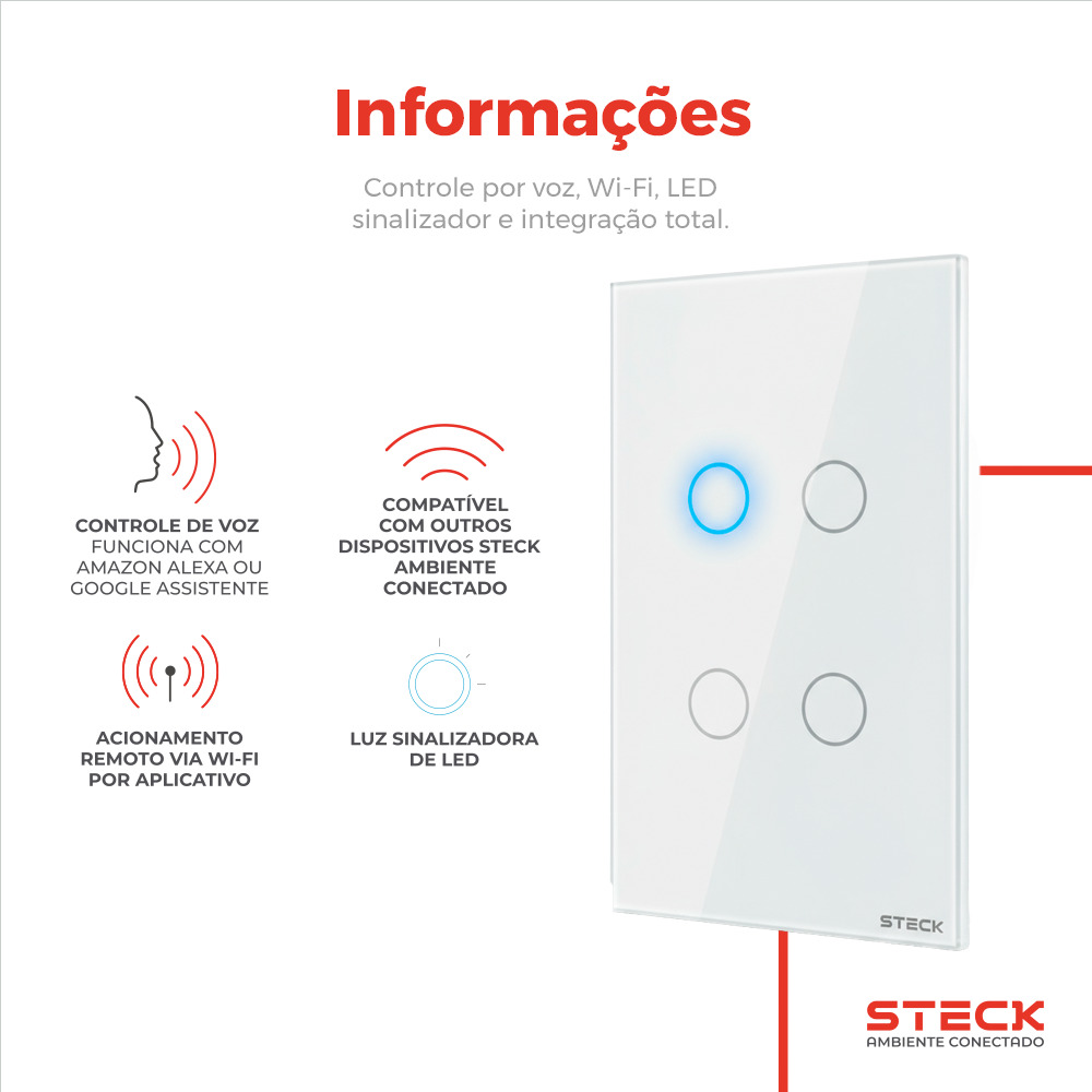 Interruptor Steck Ambiente Conectado 4X2" 4 Módulos Touch Branco WI-FI