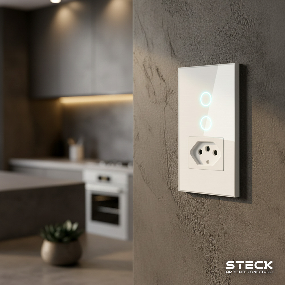 Interruptor Steck Ambiente Conectado 4X2" 2 Módulos + 1 Plug Touch Branco WI-FI