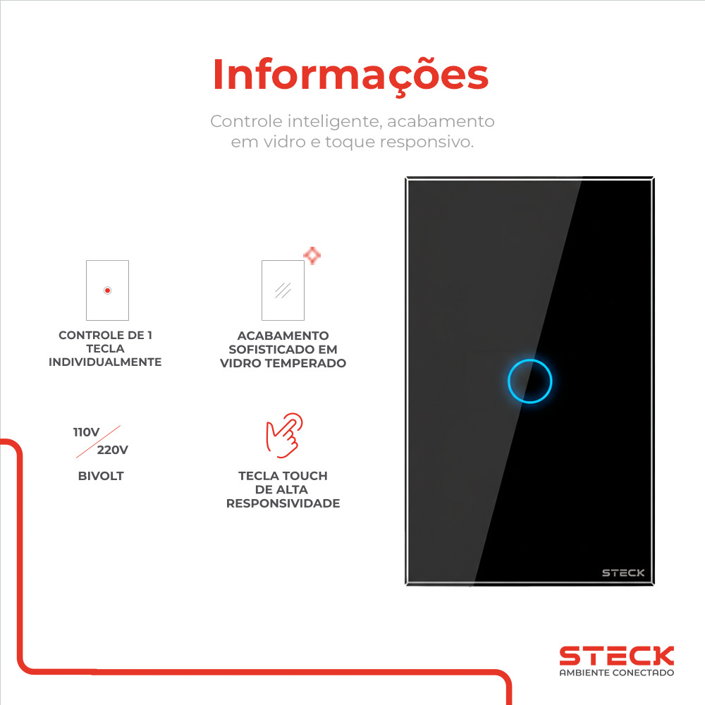 Interruptor Steck Ambiente Conectado 4X2" 1 Módulo Touch Preto WI-FI