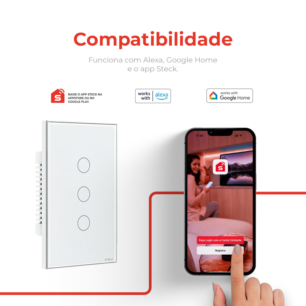 Interruptor Steck Ambiente Conectado 4X2" 3 Módulos Touch Branco WI-FI