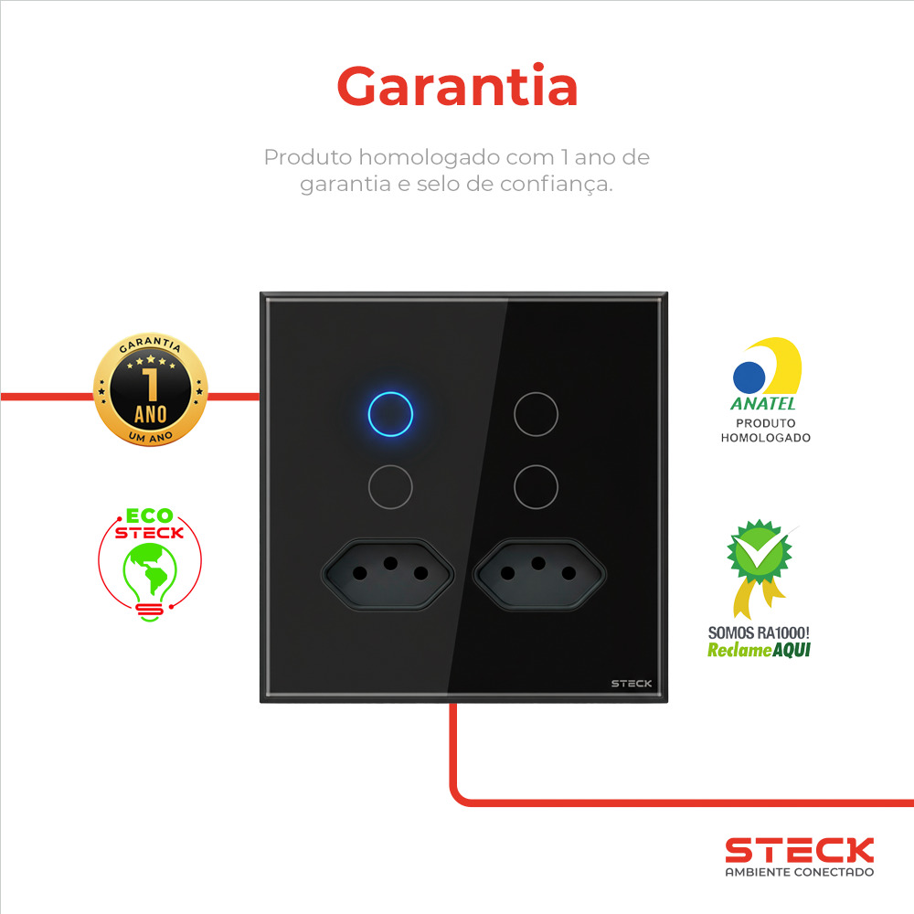 Interruptor Steck Ambiente Conectado 4X4" 4 Módulos + 2 Plugs Touch Preto WI-FI