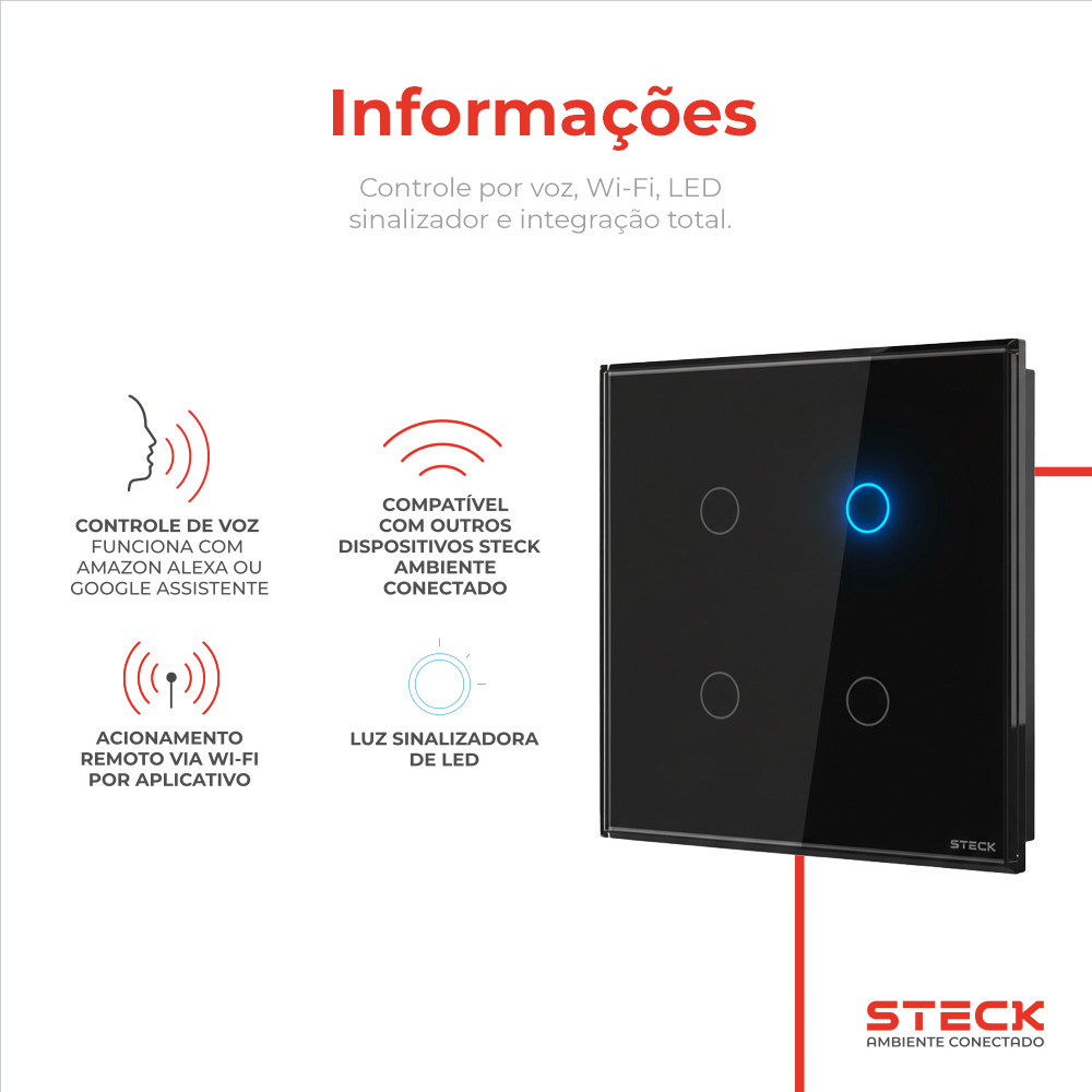 Interruptor Steck Ambiente Conectado 4X4" 4 Módulos Touch Preto WI-FI