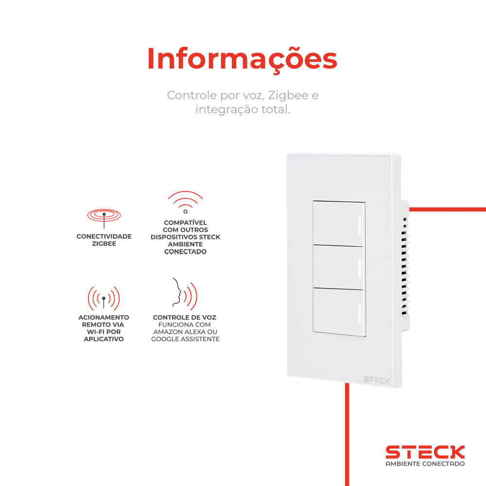 Interruptor Mecânico Steck Ambiente Conectado 4X2" 3 Módulos Zigbee Branco