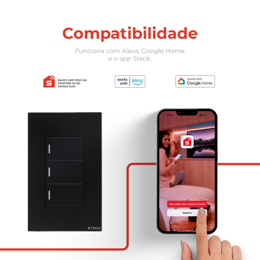 Interruptor Mecânico Steck Ambiente Conectado 4X2" 3 Módulos Zigbee Preto