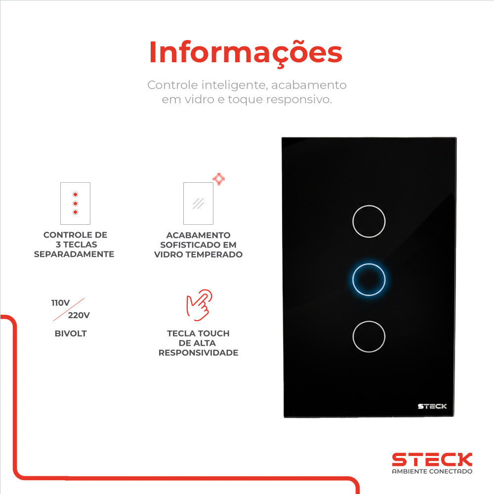 Interruptor Steck Ambiente Conectado 4X2" 3 Módulos Touch Preto WI-FI