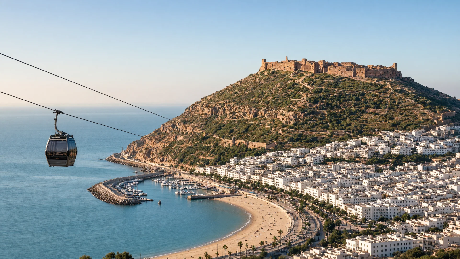 Kasbah van Agadir Oufella met kabelbaan boven de baai van Agadir
