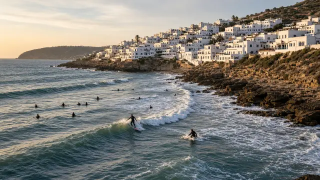 Surfers op de golven bij Taghazout aan de Marokkaanse kust