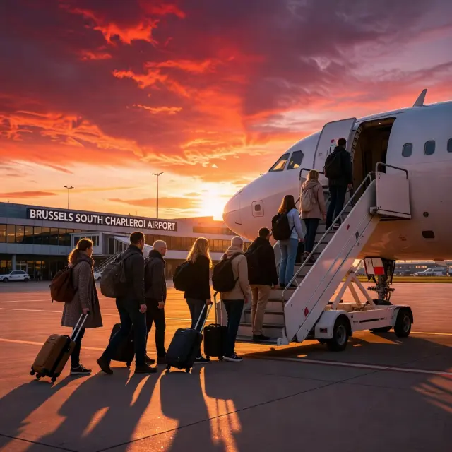 Vliegtuig van TUI of Ryanair klaar voor vertrek vanaf Charleroi Airport voor een zonnige last minute.