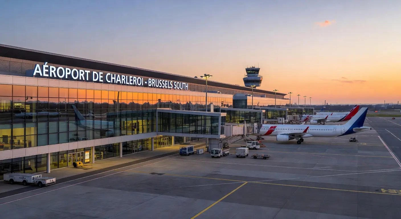 Reizigers bij de luchthaven van Brussels South Charleroi Airport voor een goedkope last minute vliegvakantie.