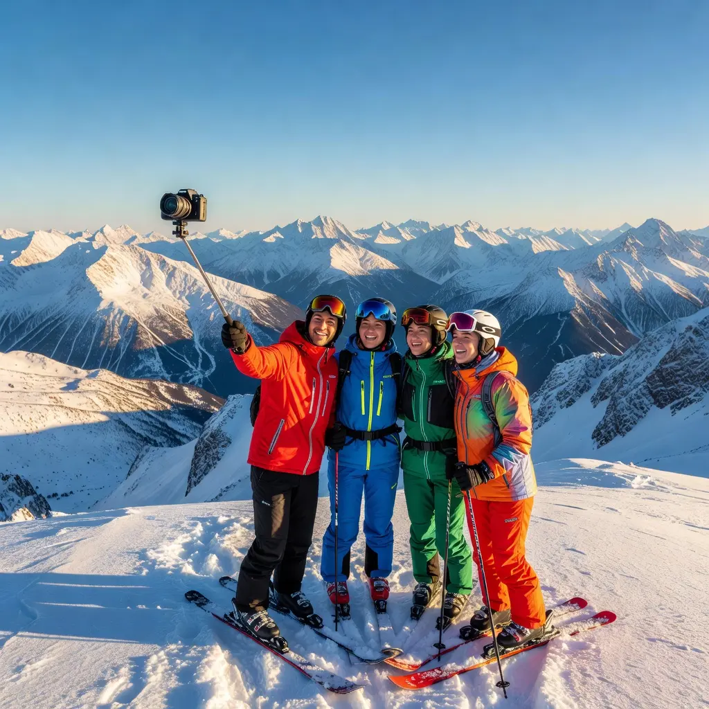 groep wintersporters die een selfie nemen vanop de skipiste