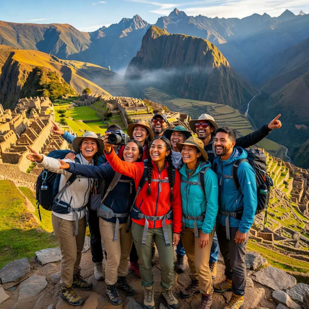 groep reizigers die groepsfoto neemt tijdens een groepsreis in machu pichu peru